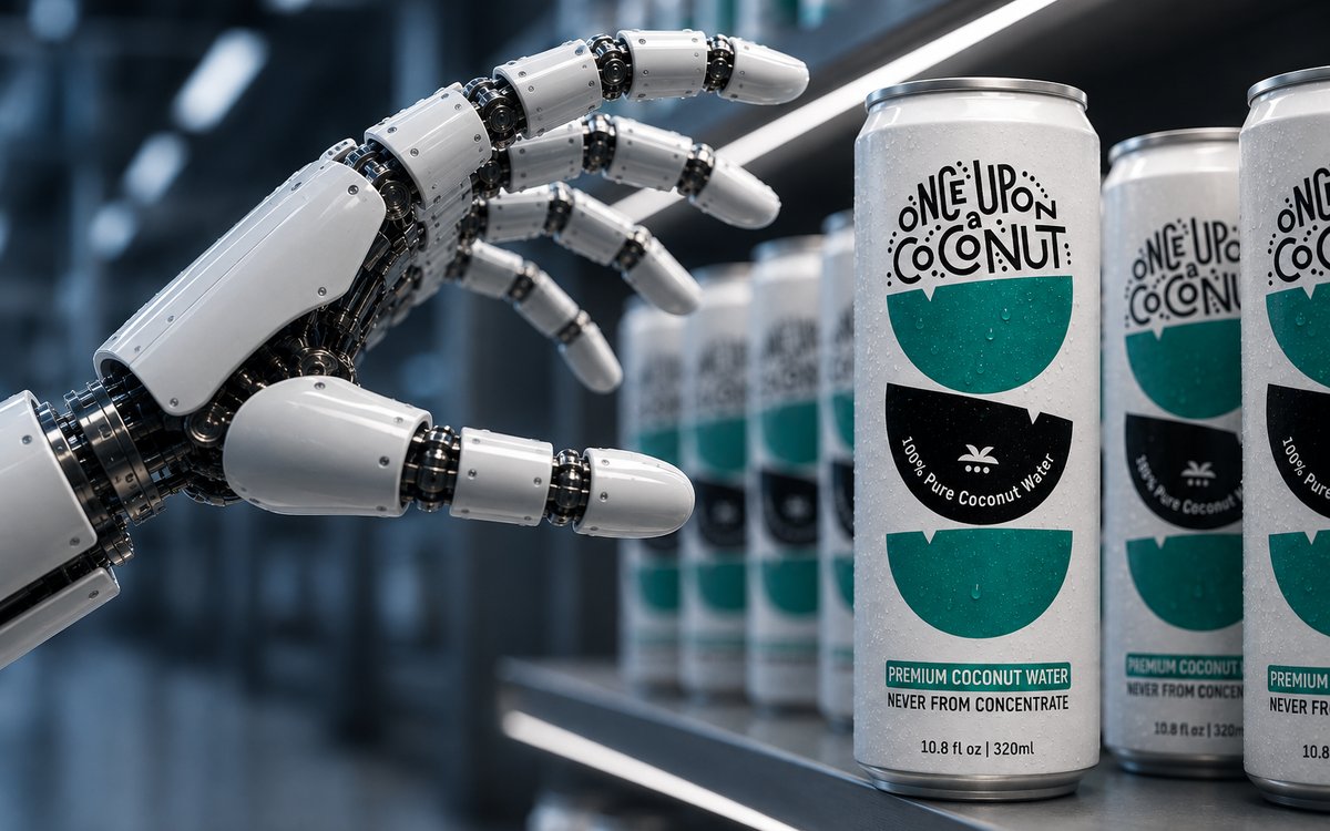 Robotic hand reaching for an Once Upon A Coconut can on a shelf